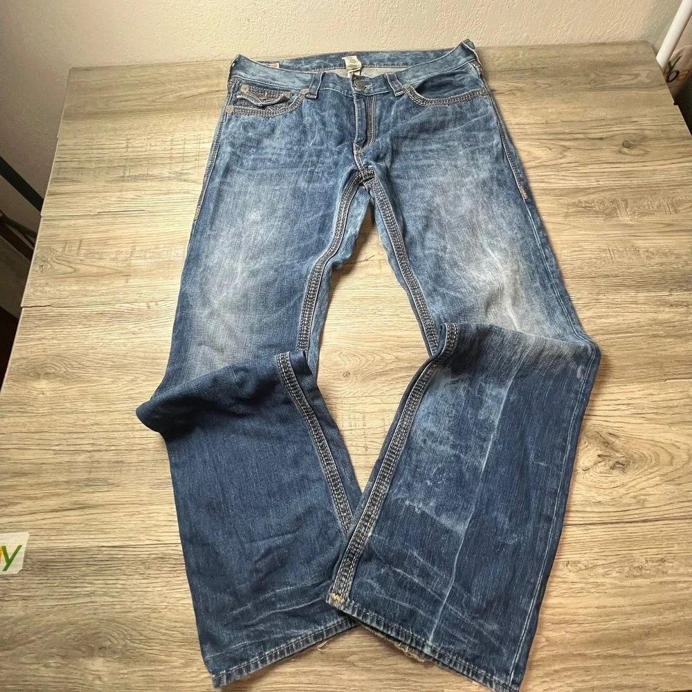 True Religion Ricky Big QT Mens 38 Blue Straight Leg Faded Denim Jeans USA Made